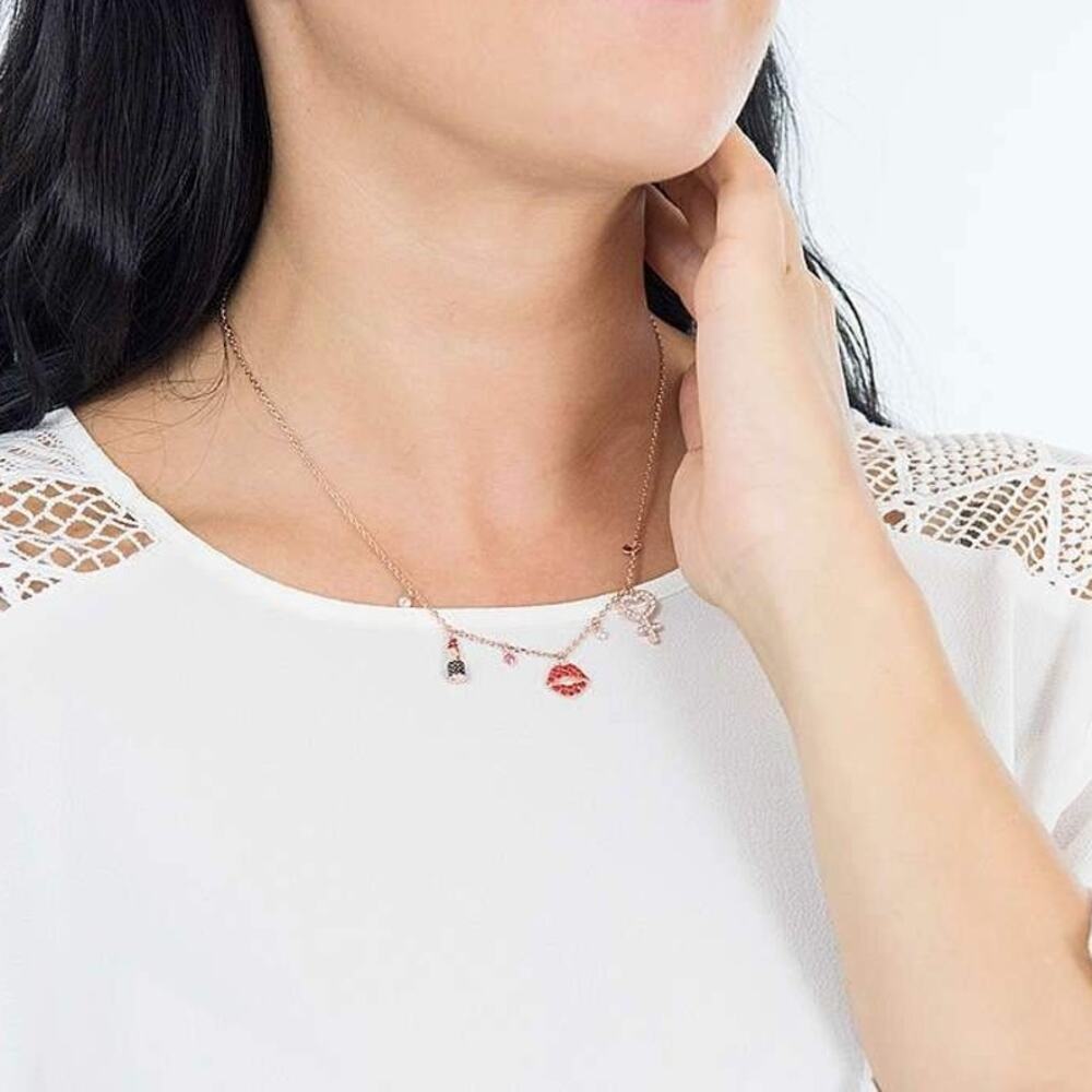 Swarovski Gold Tone Mine Lips Lipstick Heart Crystal Pave Charm Necklace A30-27